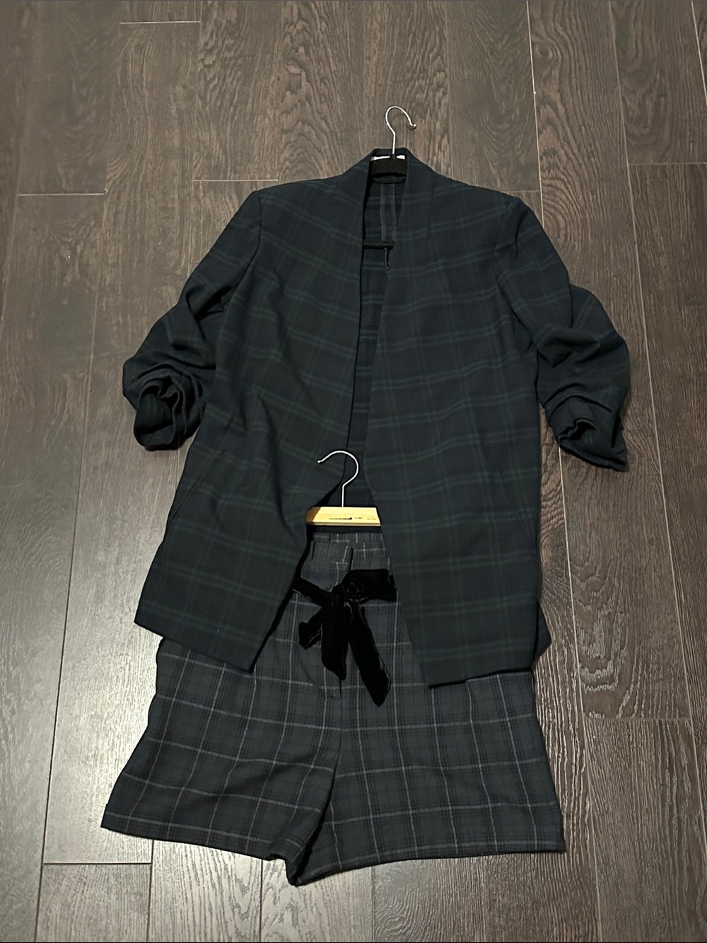 Women’s Dark Green Plaid Blazer and Shorts Set